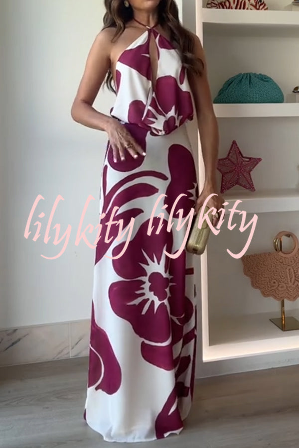 Leslie Flower Print Halter Cutout Cowl Neck Backless Maxi Dress