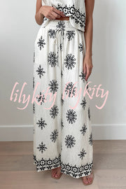 Unique Printed Round Neck Sleeveless Button Top and Elastic Waist Pocket Wide Leg Pants Set