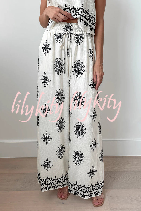 Unique Printed Round Neck Sleeveless Button Top and Elastic Waist Pocket Wide Leg Pants Set