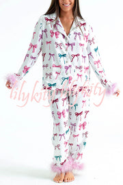 Christmas Besties Party Printed Feather Trim Elastic Waist Pocketed Pajama Set