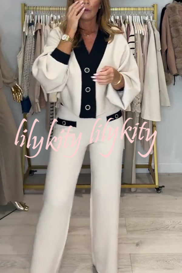 Fashion Contrast Color V-neck Loose Cardigan and Elastic Waist Casual Pants Set