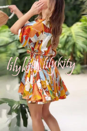 Unique Printed Round Neck Short Sleeve Waist Tie Vacation Mini Dress
