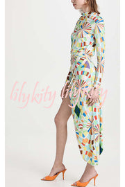 Colorful Season Printed Mock Neck Open Back Asymmetric Hem Stretch Midi Dress