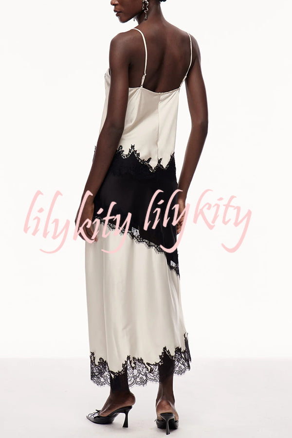 Party Focus Contrast Color Satin Lace Trim Elastic Waist Front Slit Maxi Skirt