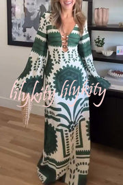 Holiday Fashion Unique Print Front Center Hollow Ring Long Sleeve Maxi Dress