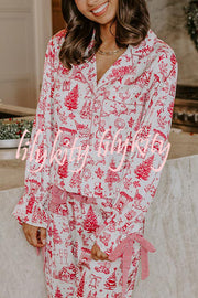 Christmas Night Satin Loose Shirt and Elastic Waist Pocketed Pajama Set