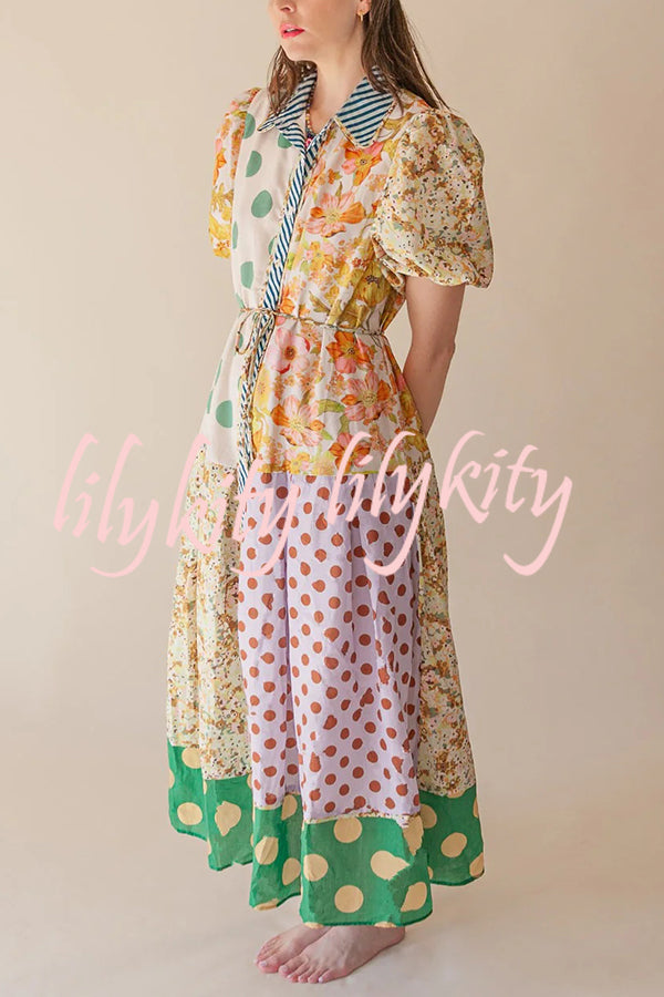 Linen Blend Unique Print Lapel Puff Sleeve Casual Midi Dress