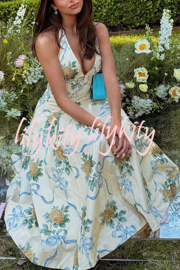 Resort Star Floral Print Waist Halterneck Tie Pocket Midi Dress