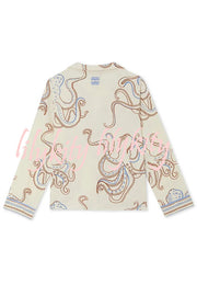 Calm Seas Line Octopus Unique Print Loose Shirt and Elastic Waist Pocketed Pajama Set