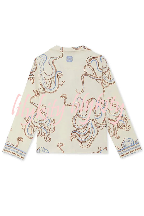 Calm Seas Line Octopus Unique Print Loose Shirt and Elastic Waist Pocketed Pajama Set
