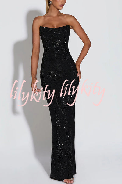 Mirabella Sequin Pleated Cowl Scooped Neckline Back Lace-up Strapless Maxi Dress