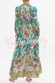 Fairy Tale Print V-Neck Lantern Sleeve Waist Maxi Dress
