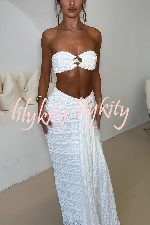 Fashion Metal Shell Embellished Sexy Bandeau and Elastic Tie Maxi Skirt Set
