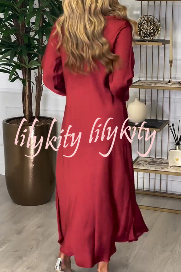 Solid Color V-neck Long-sleeved Loose Draped Maxi Dress