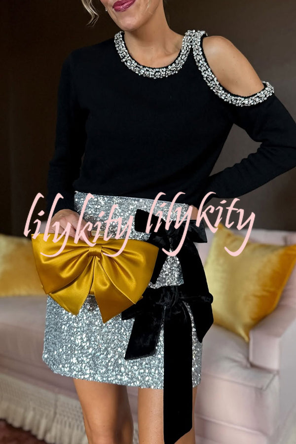 Holiday Party Sequin Velvet Bow Detail High Rise Stretch Mini Skirt
