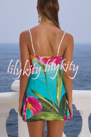 Fresh Summer Floral Print Cowl Neck Slip Mini Dress