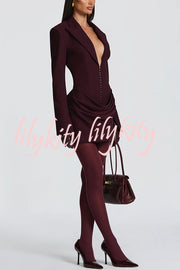 Solid Color Slim-fit V-neck Elegant Draped Formal Mini Dress