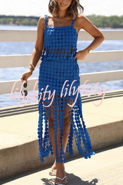 Caitlin See Through Circle Embroidery Square Neck Tassle Hem Slip Tank
