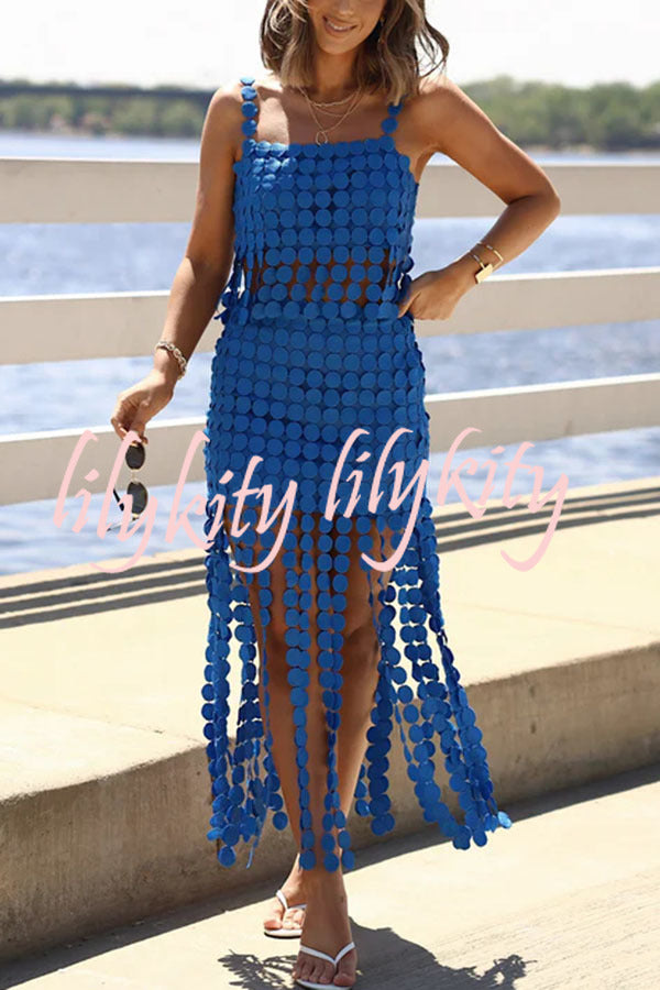 Caitlin See Through Circle Embroidery Square Neck Tassle Hem Slip Tank