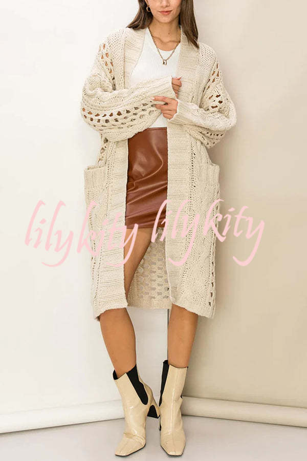 Jamila Knit Cable Cotout Long Sleeve Pocket Oversized Midi Cardigan