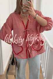 Lovely Plaid Heart Pattern Casual Lace-up Pocket Loose Shirt