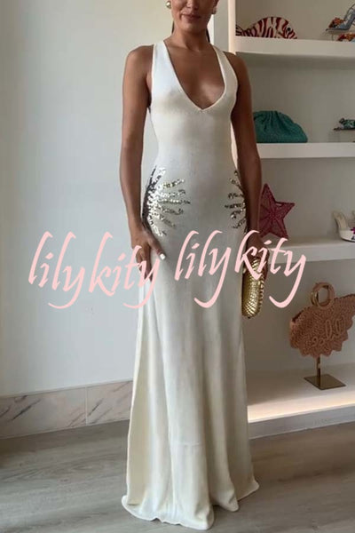 Sparkling Nights Knit Sunburst Sequin Detail Back Cross Straps Stretch Maxi Dress