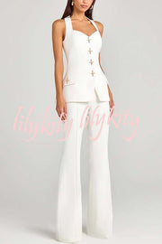 Women Power Metal Cross Snap Button Sweetheart Neck Wide Strap Vest