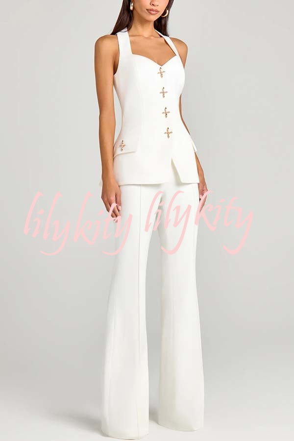 Women Power Metal Cross Snap Button Sweetheart Neck Wide Strap Vest