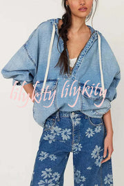 Fashion Loose Pocket Casual Denim Zipper Hoodie
