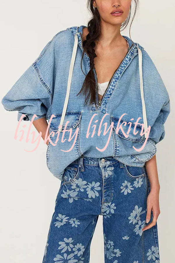 Fashion Loose Pocket Casual Denim Zipper Hoodie