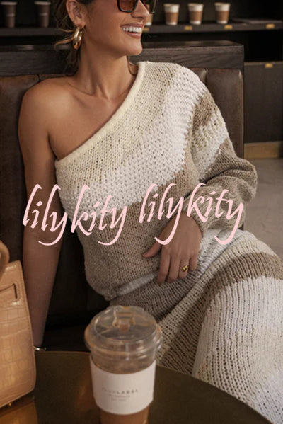 Soft Autumn Knit Colorblock One Shoulder Sleeve Ribbed Trim Loose Sweater