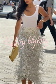Evening Charm Layered Sequined Tassels High Rise Back Zipper Slit Midi Skirt