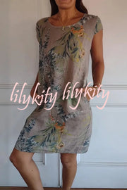 Botanical Print Linen Blend Crew Neck Short Sleeve Pocket Mini Dress