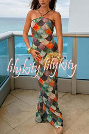 Little Mermaid Colorful Scales Print Halter Maxi Dress