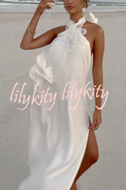 Floral Embellished Satin Halterneck Backless Resort Maxi Dress