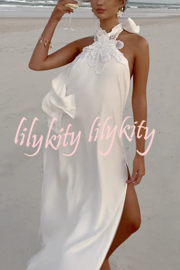 Floral Embellished Satin Halterneck Backless Resort Maxi Dress