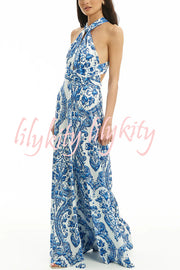 Greek Island Printed Cross Back Halter Flowy Maxi Dress