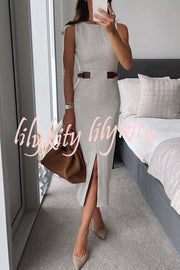 Workwear Day Contrast Color Belt Buckle Detail Slit Pencil Midi Dress