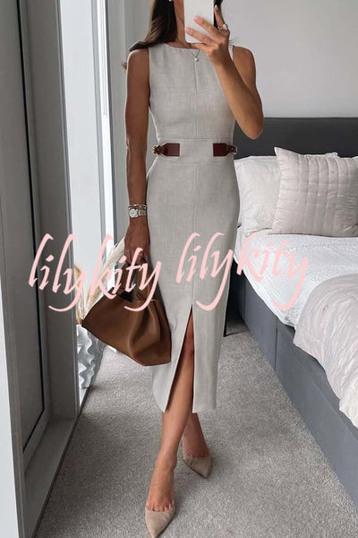 Workwear Day Contrast Color Belt Buckle Detail Slit Pencil Midi Dress