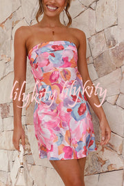 Dreamworld Satin Floral Print Sexy Strapless Backless Mini Dress