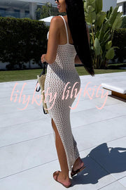 Solid Color V-neck Hollow Beach Knitted Cover-up Midi Dress