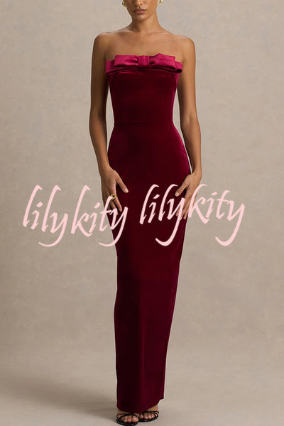 Illusion Velvet Bandeau neck Bow detail Stretch Maxi Dress