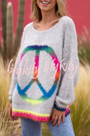 Love and Peace Knit Rainbow Pattern Loose Pullover Sweatershirt