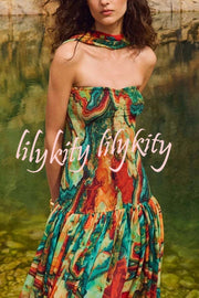 Vacay Vibes Colorful Lava Print Off Shoulder Smocked Scarf Maxi Dress