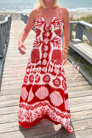 Beautiful Shell Unique Print Front Lace-up Loose  Maxi Dress