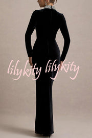 Love Lost Velvet Embellished High Neck Long Sleeve Twist Slit Maxi Dress