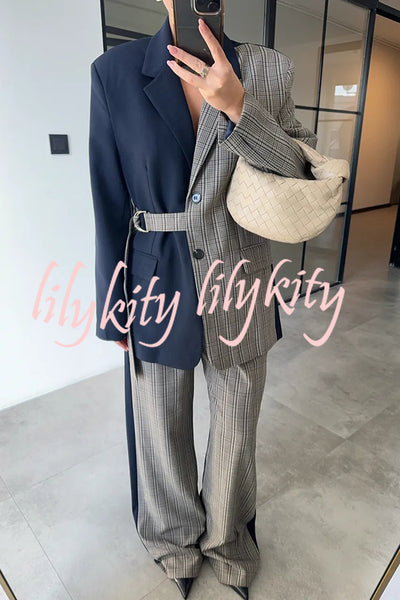 Nayla Plaid Contrast Color Belted Long Sleeve Lapel Blazer and Pocketed Wide Leg Pants Set