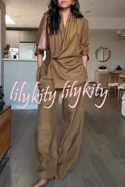 Bella Satin Drape Collar Single Button Casual Blazer and Elastic Waist Pocket Loose Pants Set