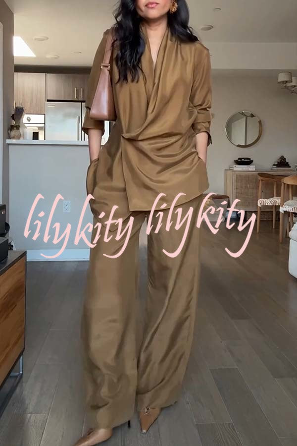 Bella Satin Drape Collar Single Button Casual Blazer and Elastic Waist Pocket Loose Pants Set