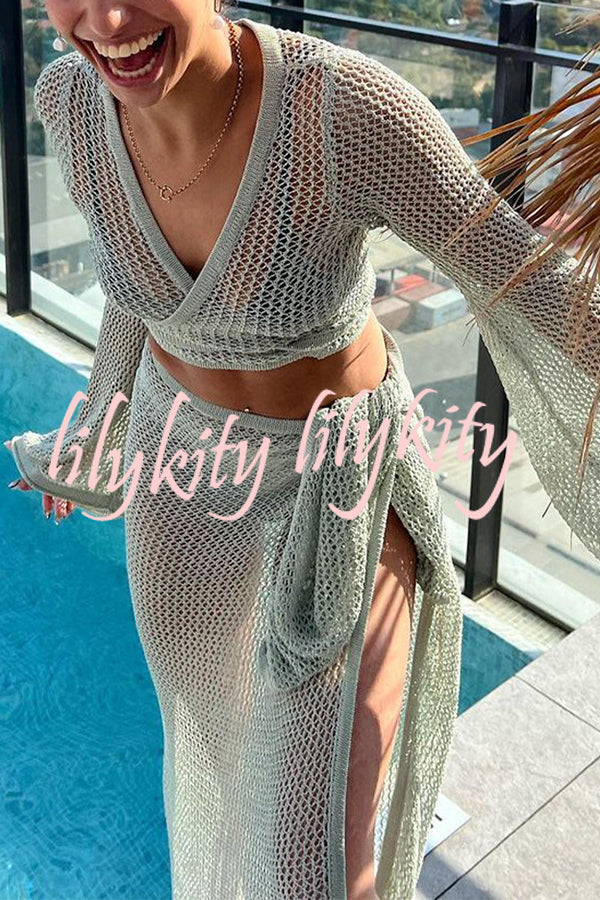 Knitted Slit See Through Hollow Tie Skirt Suit